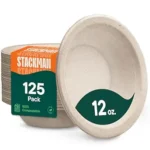 Stack Man Paper Bowls, 100% Compostable Disposable Soup Bowl [125-Pack] 12 oz. Heavy Duty, Eco-Friendly, Biodegradable Bagasse Hot Food Plates and Bowls - Natural Brown (BPI Certified) (PFAS-Free)