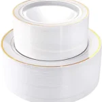 I00000 102 Pieces Gold Plastic Plates, Disposable Party Plates White Gold Rim, 51 Disposable Gold Dinner Plates 10.25 Inch and 51 Disposable Dessert Appetizer Elegant Fancy Wedding Plates 7.5 Inch