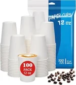 12 oz Coffee Cups 100 Count, Leak-Proof Paper Cups 12 oz, Sturdy White Disposable Paper Coffee Cups for Cold and Hot Drinks, Party, Office, Travel and Events