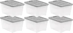 Amazon Basics Plastic Storage Containers with Secure Latching Lids, Stackable Organization Bins, 32 Quart, Set of 6, Clear/Grey