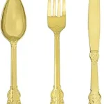 Goodluck 150 Pack Gold Plastic Silverware Set – Heavy Duty Disposable Cutlery, Includes 50 Forks, 50 Spoons, 50 Knives, Elegant Vintage Design for Weddings, Parties, Thanksgiving, and Daily Use