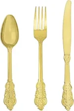 Goodluck 150 Pack Gold Plastic Silverware Set – Heavy Duty Disposable Cutlery, Includes 50 Forks, 50 Spoons, 50 Knives, Elegant Vintage Design for Weddings, Parties, Thanksgiving, and Daily Use