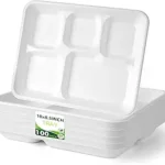 100 Pack 5-Compartment Plate Disposable, Compostable Divided Disposable Dinner Plates, Paper Tray for Food for Dinner and Par