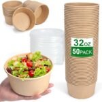 50 Pcs 32 Oz disposable meal prep containers，paper bowls with lids，disposable soup bowls，soup bowls disposable hot/cold，disposable salad bowls with lids，