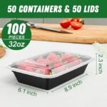 50 Pack (100-Piece) 32 oz Meal Prep Containers Reusable with Easy Open Lids, Sturdy Leakproof Food Safe, Microwave Freezer Dishwasher Safe, To Go Take Out Plastic Food Storage Pans with Lids, Black - Image 2