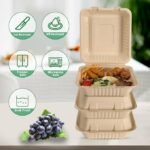 Aricsen 100 Pack 3 Compartment Compostable 8x9 Inch Takeout Lunch Box Containers with Lid To Go Take Out Clamshell for Food, Disposable Eco-Friendly Biodegradable Bagasse, PFAS-Free, Brown - Image 2