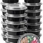 FULING 24 oz 50 ct Round Meal Prep Food Storage Containers with Lids To Go Plastic Lunch Plan Box Disposable Take Out Bowls Black BPA Free Reusable Durable Stackable Microwave Freezer Dishwasher Safe