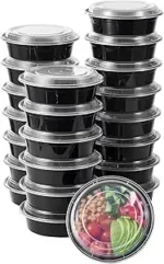 FULING 24 oz 50 ct Round Meal Prep Food Storage Containers with Lids To Go Plastic Lunch Plan Box Disposable Take Out Bowls Black BPA Free Reusable Durable Stackable Microwave Freezer Dishwasher Safe