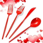 120pcs Red Plastic Silverware Set Sturdy Red Utensils Disposable Plastic Cutlery Heavy Duty includes Forks and Spoons and Knives Sets for Valentines Day Birthday Graduation Chinese New Year
