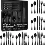 49-Piece Black Silverware Set with Organizer, Stainless Steel Flatware Set for 8 with Drawer Tray, Cutlery Steak Knives Fork Spoon for Home Restaurant, Mirror Finish
