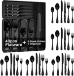 49-Piece Black Silverware Set with Organizer, Stainless Steel Flatware Set for 8 with Drawer Tray, Cutlery Steak Knives Fork Spoon for Home Restaurant, Mirror Finish