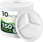 150-Piece 100% Compostable 10in Paper Plates, 3-Compartment Heavy Duty Disposable Eco-Friendly Biodegradable Sugarcane Fiber Plates