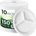 150-Piece 100% Compostable 10in Paper Plates, 3-Compartment Heavy Duty Disposable Eco-Friendly Biodegradable Sugarcane Fiber Plates