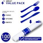 400PCS Pre Rolled Blue Plastic Silverware Sets - Heavy Duty Blue Cutlery - Include 100 Pack Wrapped Disposable Utensils with Napkins for Parties & Dinners & Weddings - Image 2