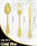 Goodluck 150 Pack Gold Plastic Silverware Set – Heavy Duty Disposable Cutlery, Includes 50 Forks, 50 Spoons, 50 Knives, Elegant Vintage Design for Weddings, Parties, Thanksgiving, and Daily Use - Image 2