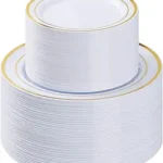 BESTVIP 200PCS Gold Plastic Plate, Disposable Party Plates with 100 Dinner Plates and 100 Dessert Plates, Plastic Plates for Party, Wedding and Birthday