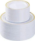 BESTVIP 200PCS Gold Plastic Plate, Disposable Party Plates with 100 Dinner Plates and 100 Dessert Plates, Plastic Plates for Party, Wedding and Birthday