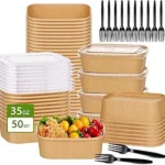 50-Pack 35oz Disposable Kraft Paper Bowls【with Lids and Forks】, Large Meal Prep Containers To Go Food Prep Containers, Leakproof Paper Bowls Treat Soup Serving Bowl, Microwave Safe for Hot/Cold Food