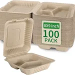 Aricsen 100 Pack 3 Compartment Compostable 8x9 Inch Takeout Lunch Box Containers with Lid To Go Take Out Clamshell for Food, Disposable Eco-Friendly Biodegradable Bagasse, PFAS-Free, Brown