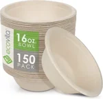Ecovita 100% Compostable Paper Bowls [16 oz.] – 150 Disposable Bowls Eco Friendly Sturdy Tree Free Liquid and Heat Resistant Alternative to Plastic or Paper Bowls