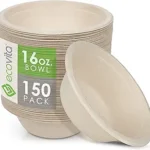 Ecovita 100% Compostable Paper Bowls [16 oz.] – 150 Disposable Bowls Eco Friendly Sturdy Tree Free Liquid and Heat Resistant Alternative to Plastic or Paper Bowls