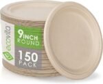 Ecovita 100% Compostable Paper Plates [9 in.] – 150 Disposable Plates Eco Friendly Sturdy Tree Free Liquid and Heat Resistant Alternative to Plastic or Paper Plates