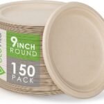 Ecovita 100% Compostable Paper Plates [9 in.] – 150 Disposable Plates Eco Friendly Sturdy Tree Free Liquid and Heat Resistant Alternative to Plastic or Paper Plates