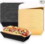 Yeaqee 100 Pcs 7" Paper Hot Dog Trays Disposable Paper Food Nacho Boats Hot Dog Holders Food Plates Disposable Serving Trays for Carnivals, Parties, Dinner, Cookouts(Gold,Black)