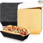 Yeaqee 100 Pcs 7" Paper Hot Dog Trays Disposable Paper Food Nacho Boats Hot Dog Holders Food Plates Disposable Serving Trays for Carnivals, Parties, Dinner, Cookouts(Gold,Black)