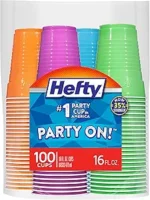 Hefty Party On Disposable Plastic Cups, Assorted, 16 Ounce, 100 Count